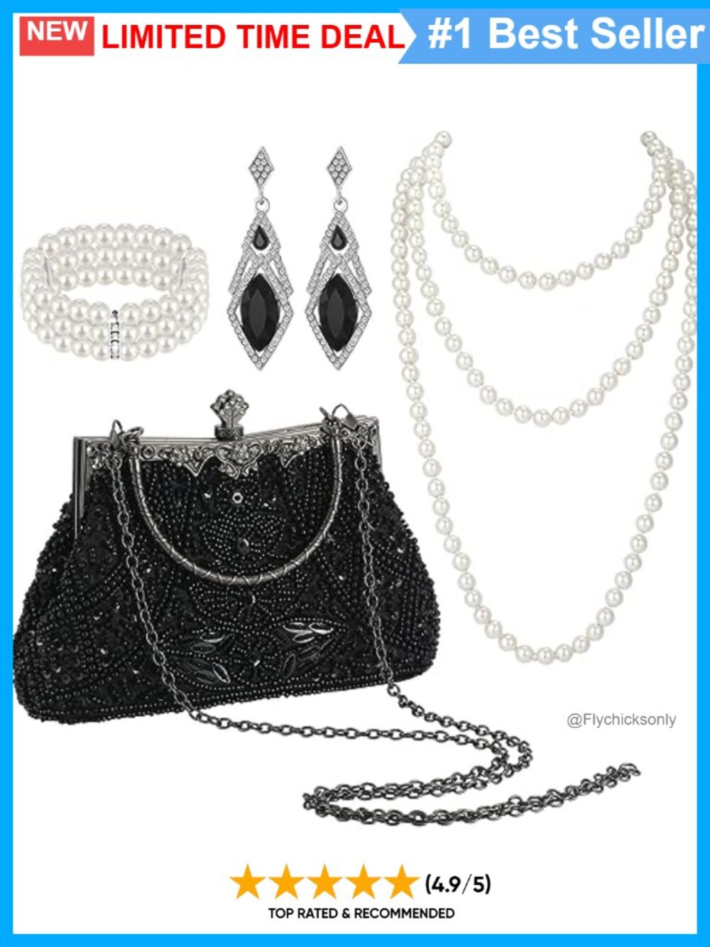 4 Pc 1920s Accessories Set Beaded Clutch Faux Pearl Jewelry for Women